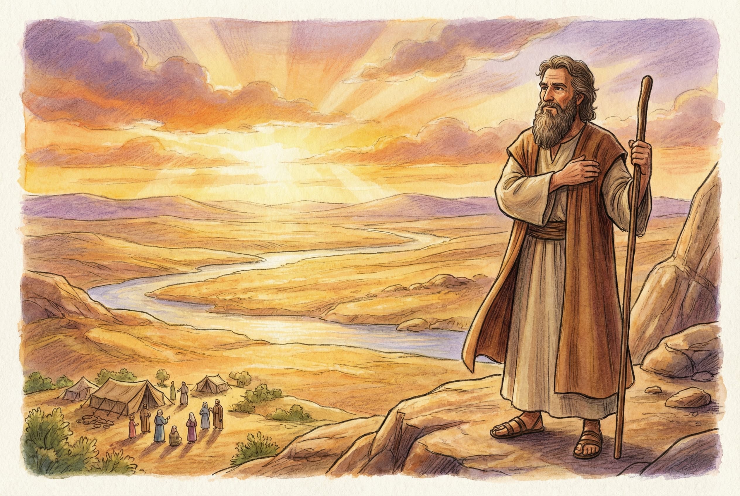 Moses grown up, looking out over the land with wisdom and determination in his eyes